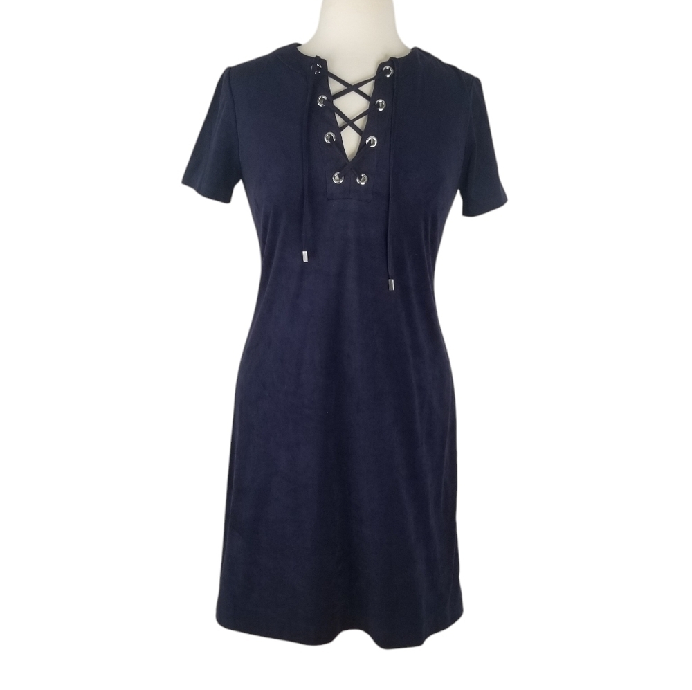 Eliza J Navy Lace Up Faux Suede Lined Shift Dress Size 6 Short Sleeve